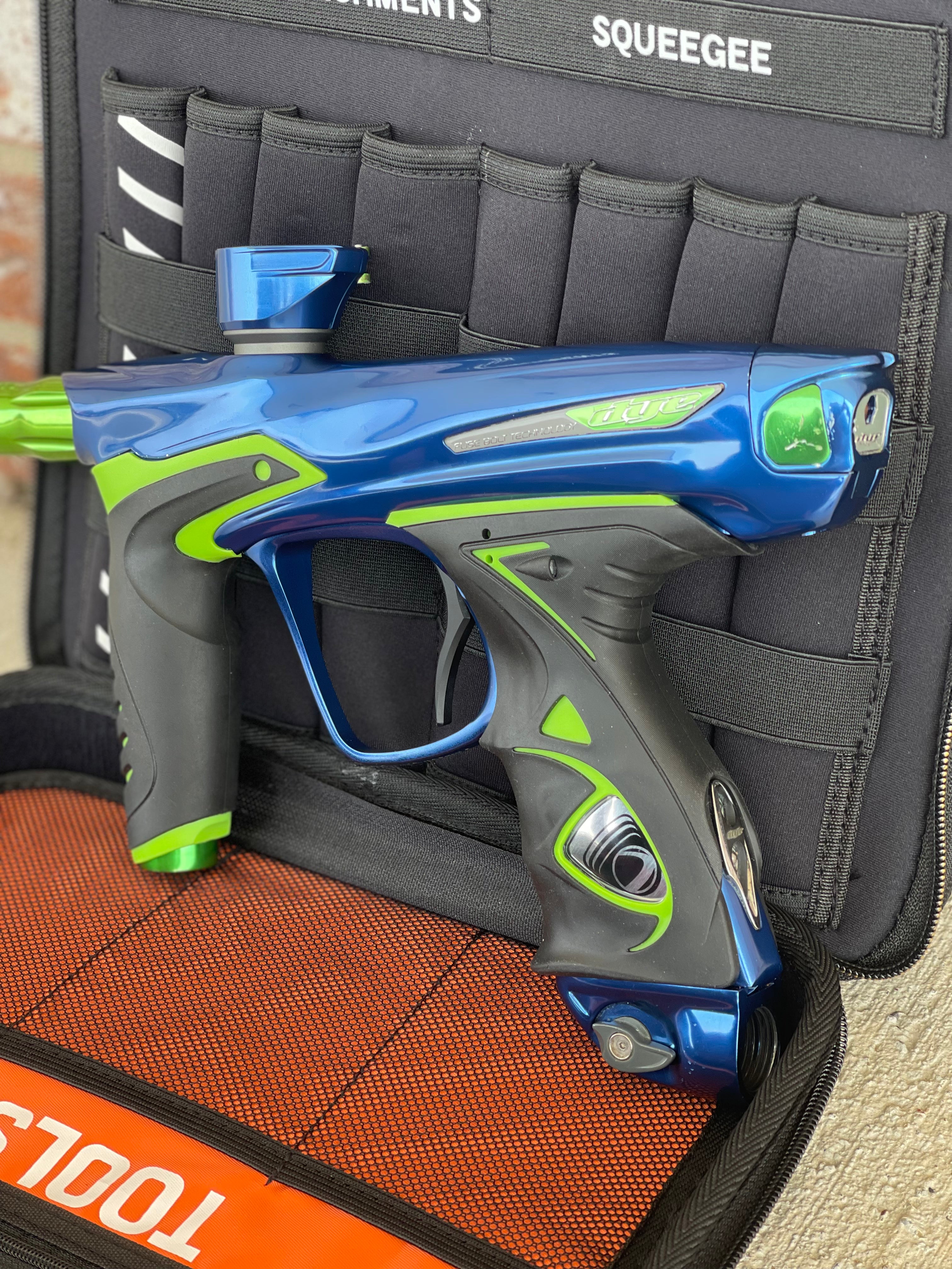 Used Dye DM14 Paintball Marker - Blue/Lime with New Lime Grips and Freak Bored UL Back