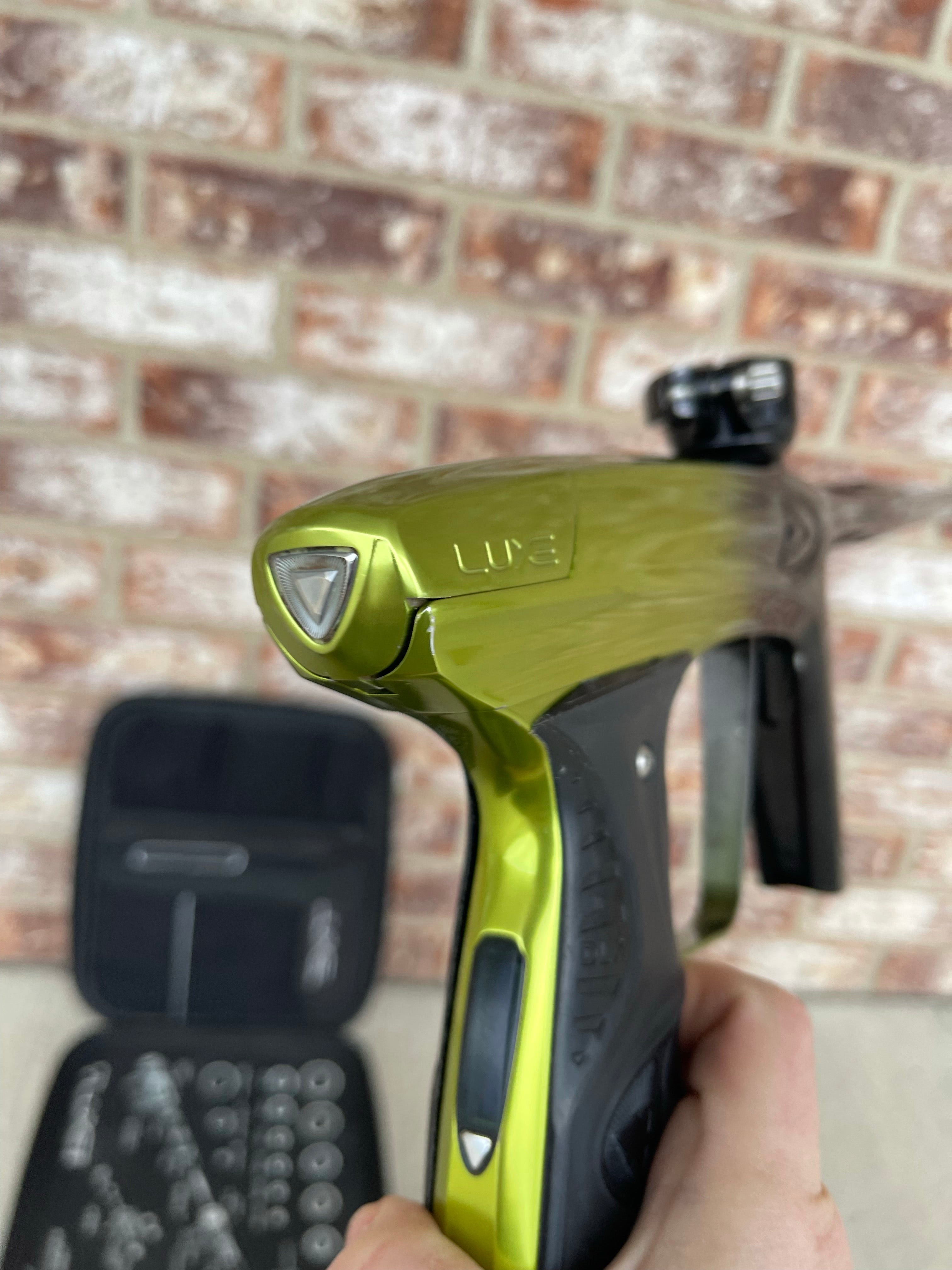 Used DLX Luxe Ice Paintball Gun - Limited Edition *1 of 10* Black/Slime Green w/ Black and Tan Back Grip