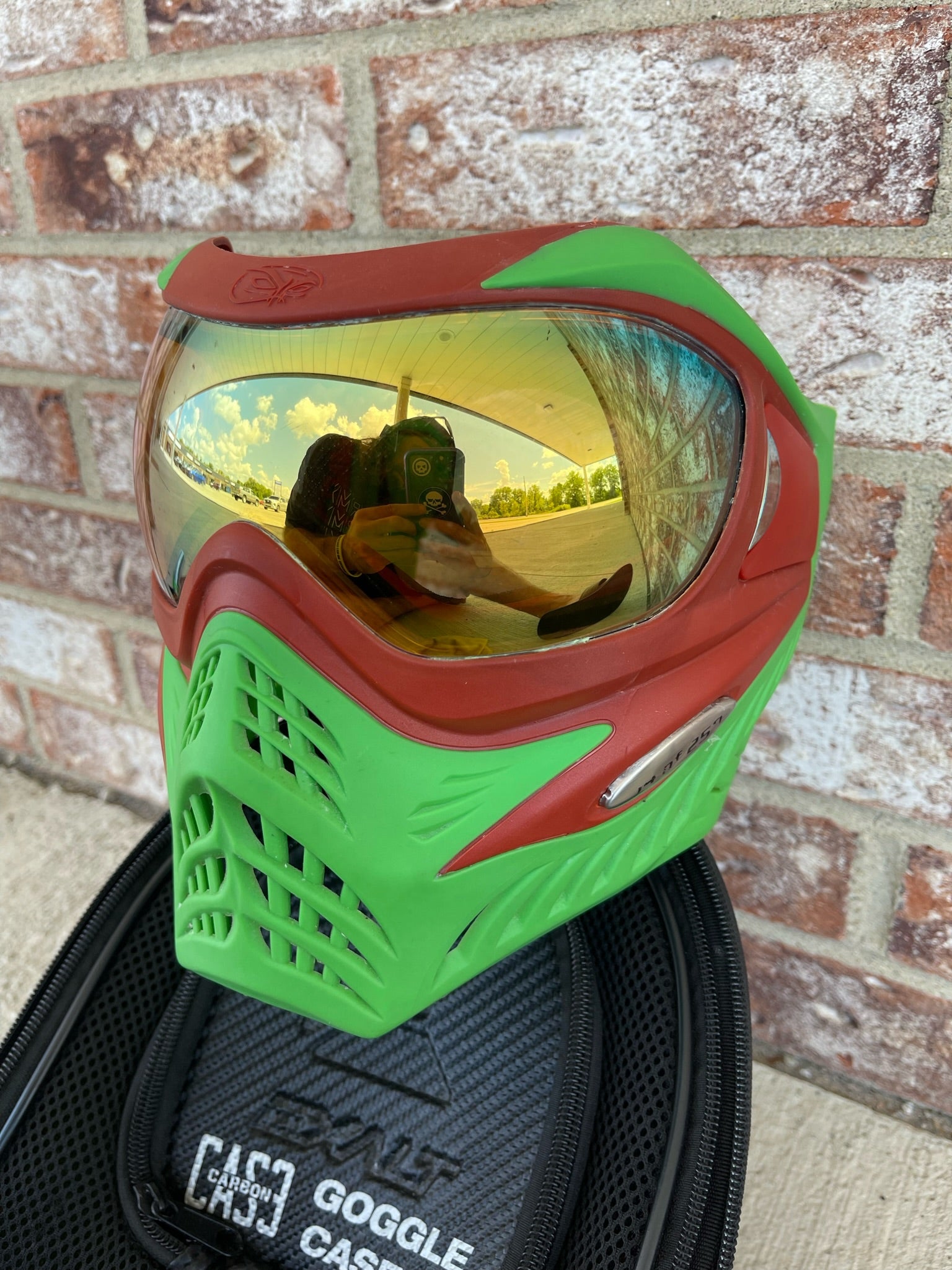 Used V-Force Grill Paintball Mask - Cowabunganga Series - Green/Red w/ 2 lenses & Exalt Goggle Case