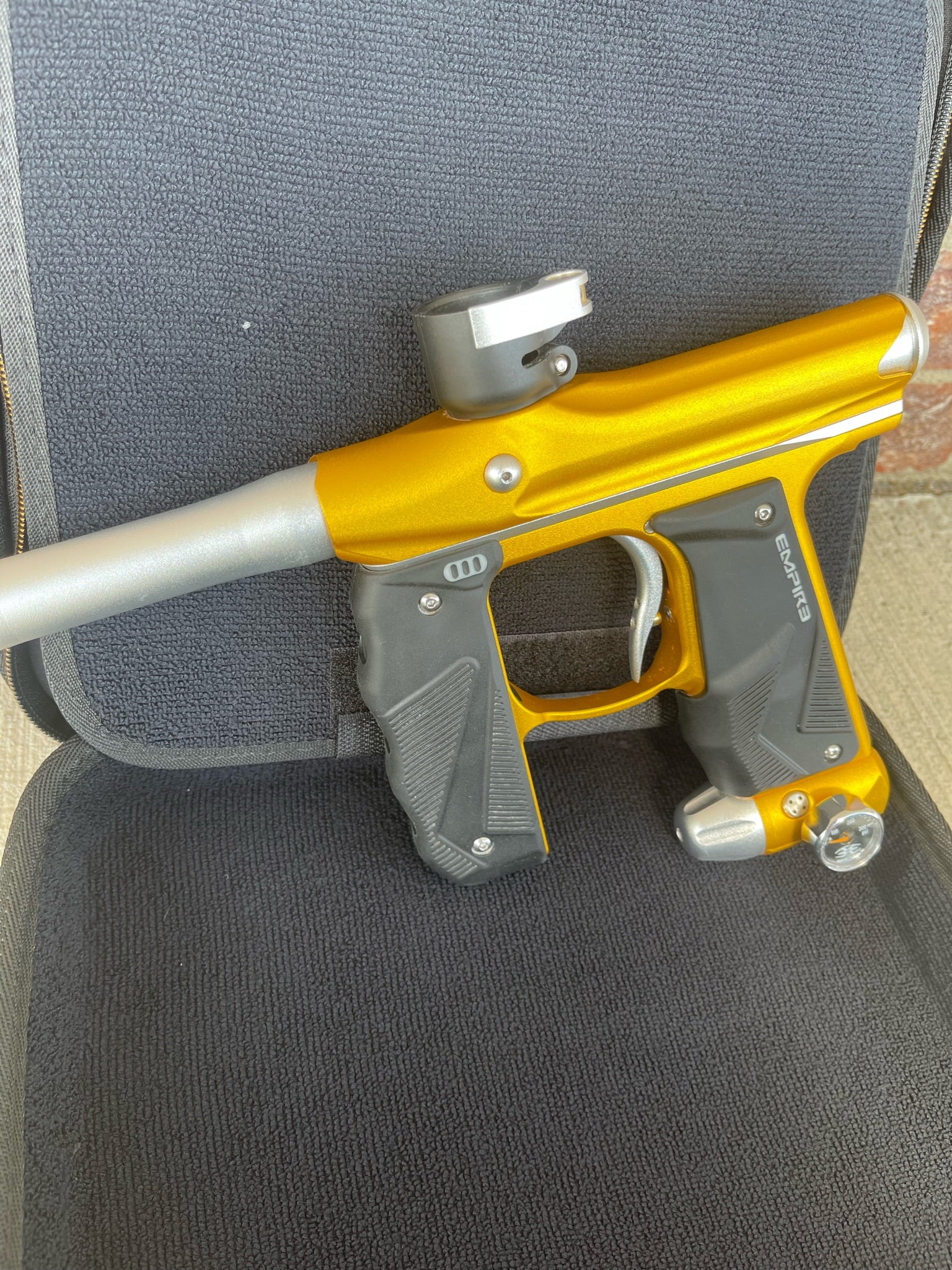 Used Empire Mini GS Paintball Gun w/ 2 Piece Barrel - Dust Gold / Silver w/ HK Army Exo 2.0 Marker Case