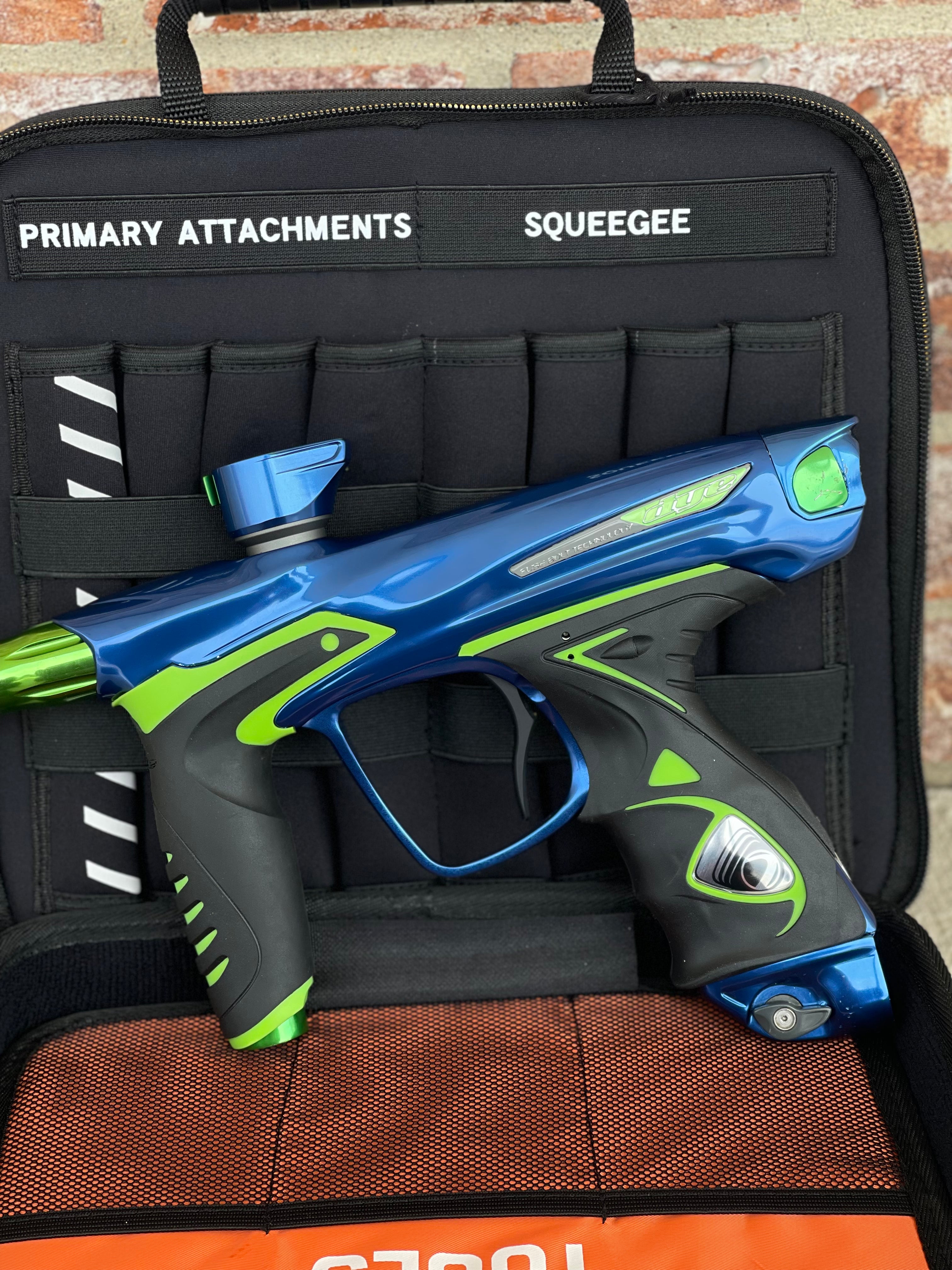 Used Dye DM14 Paintball Marker - Blue/Lime with New Lime Grips and Freak Bored UL Back