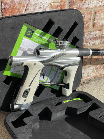 Used Planet Eclipse LV1.6 Paintball Gun - Silver / Dark Grey w/ Infamous Deuce Trigger & White Grip Kit