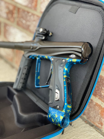 Used Shocker XLS Paintball Gun - Black with Blue Green Splash Trigger Frame and CVO Frame