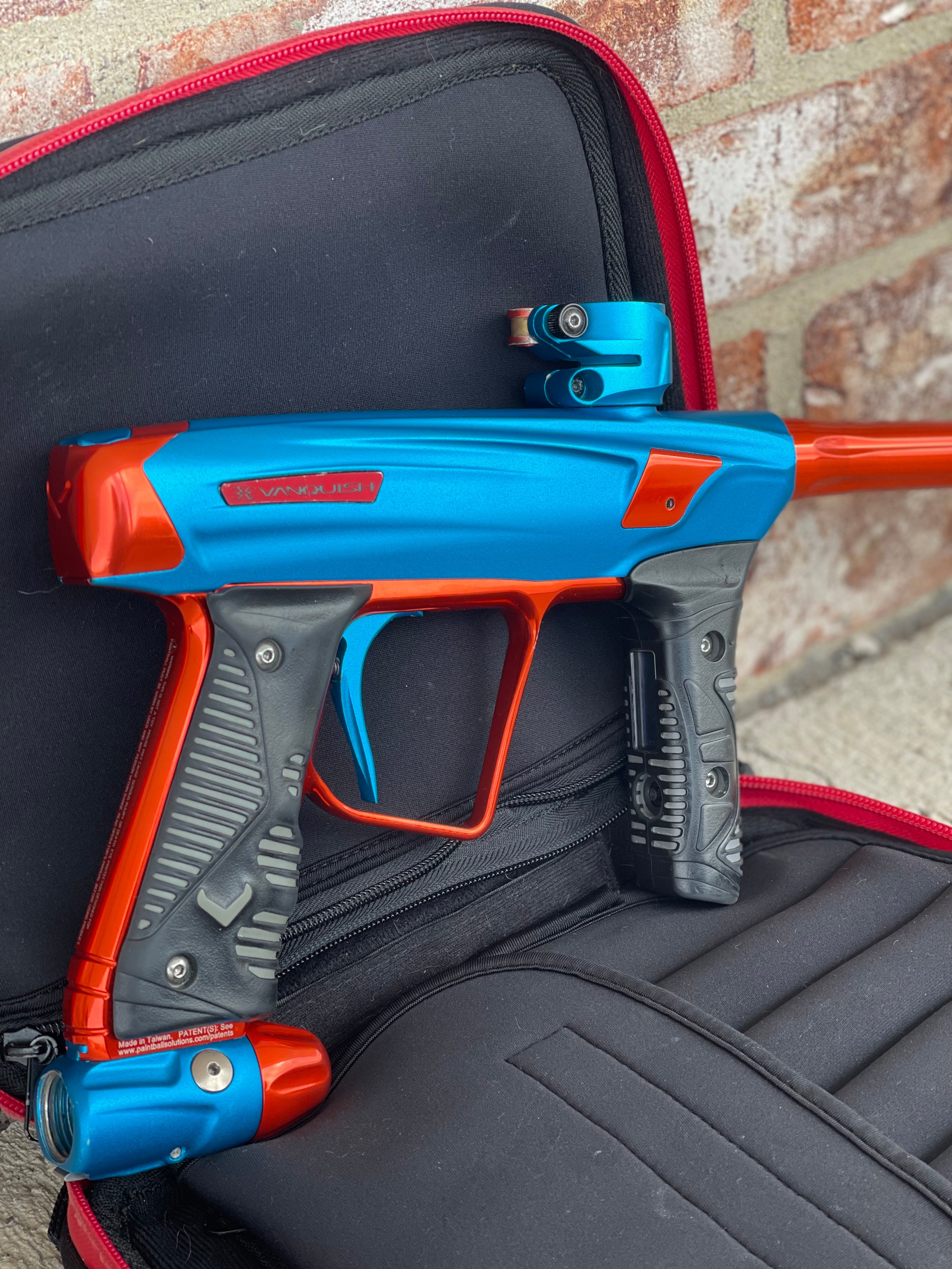 Used Empire Vanquish GT Paintball Maker - Blue/Orange w/ Full Barrel Kit