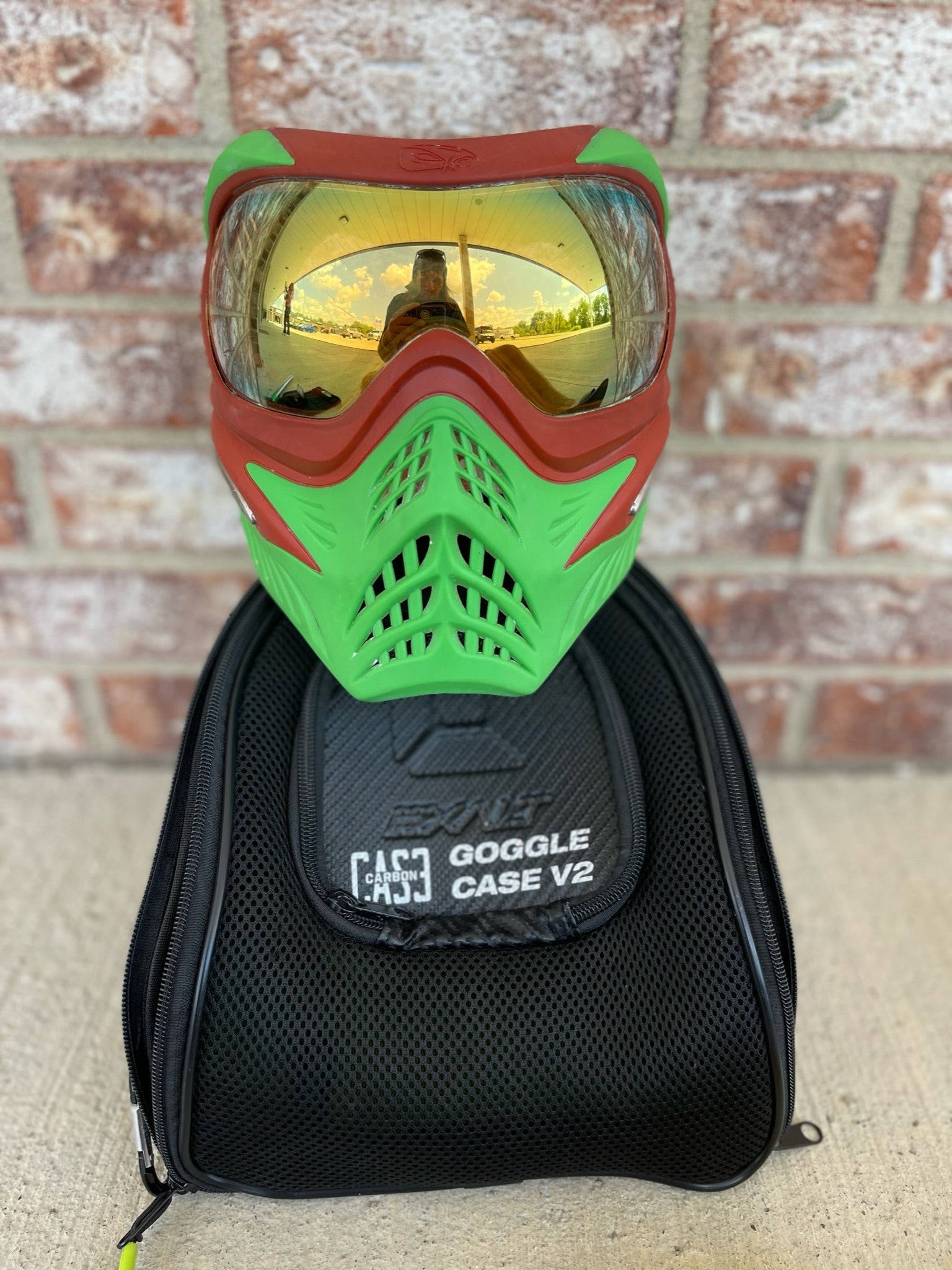 Used V-Force Grill Paintball Mask - Cowabunganga Series - Green/Red w/ 2 lenses & Exalt Goggle Case