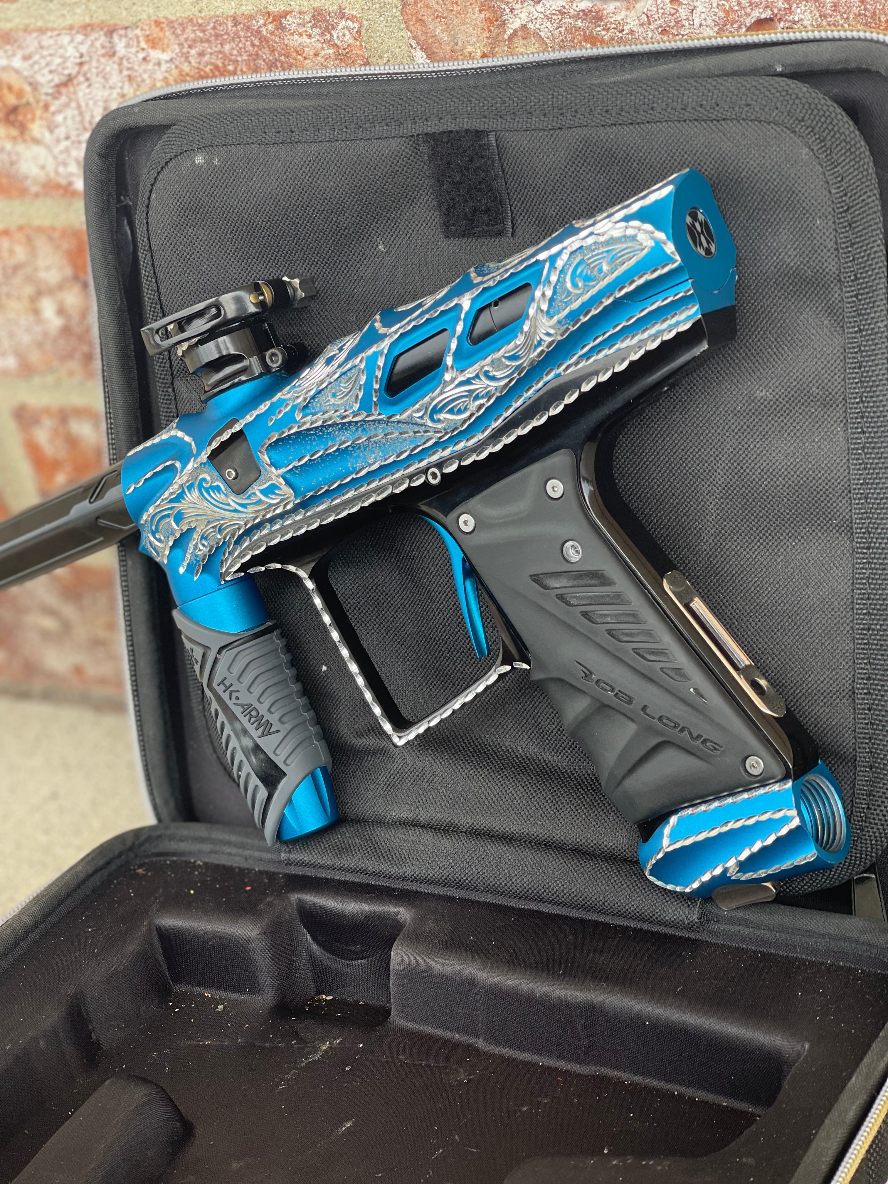 Used HK Army T-Rex VCOM Paintball Gun - Dust Blue Hand Engraved Oliver Lang Series w/ VIS Engine, Full HK Army XV Barrel Kit & Pressure Tester