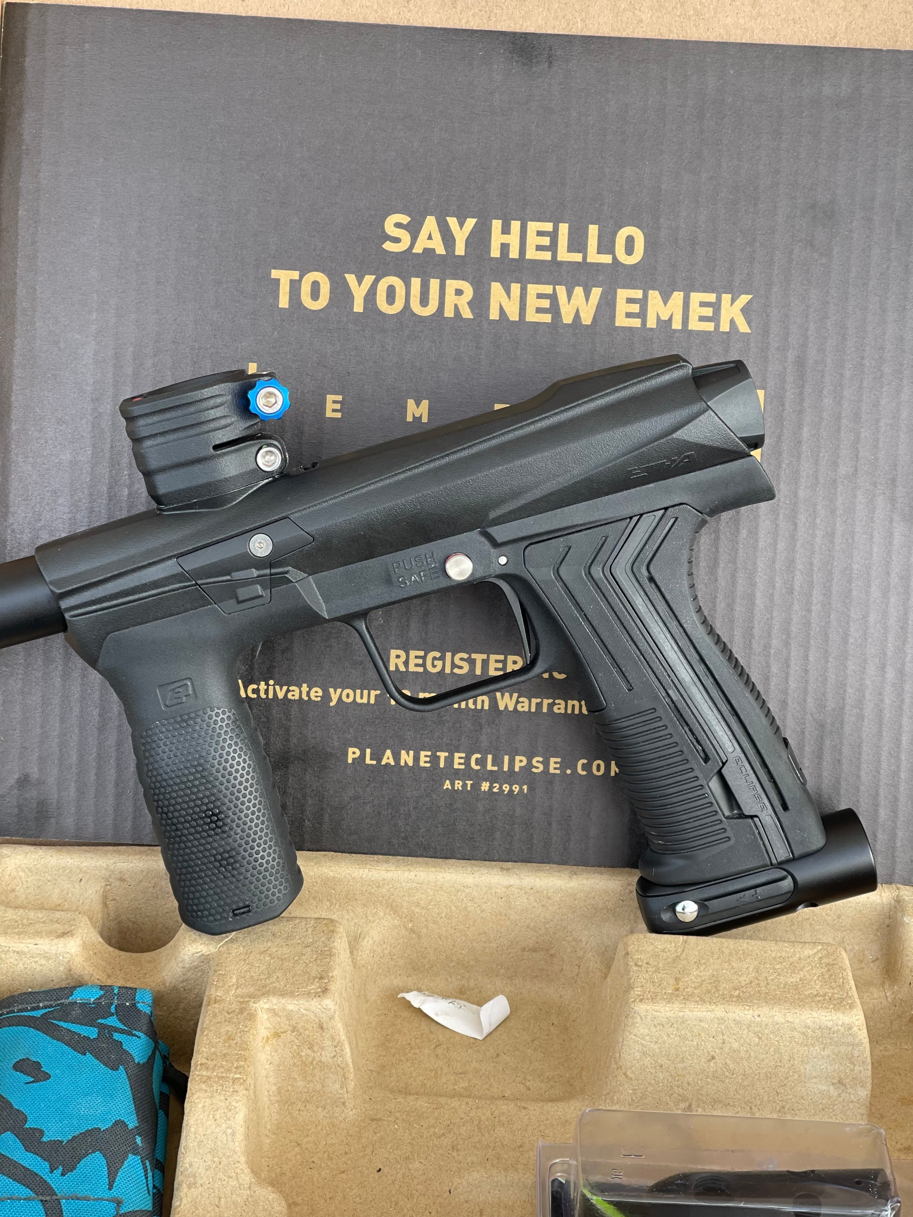 Used Planet Eclipse Emek 100 Paintball Gun - Black - Core Hyper Deuce Trigger, Hair 45 Trigger Valve, POPS ASA, and Exalt Thumbscrew