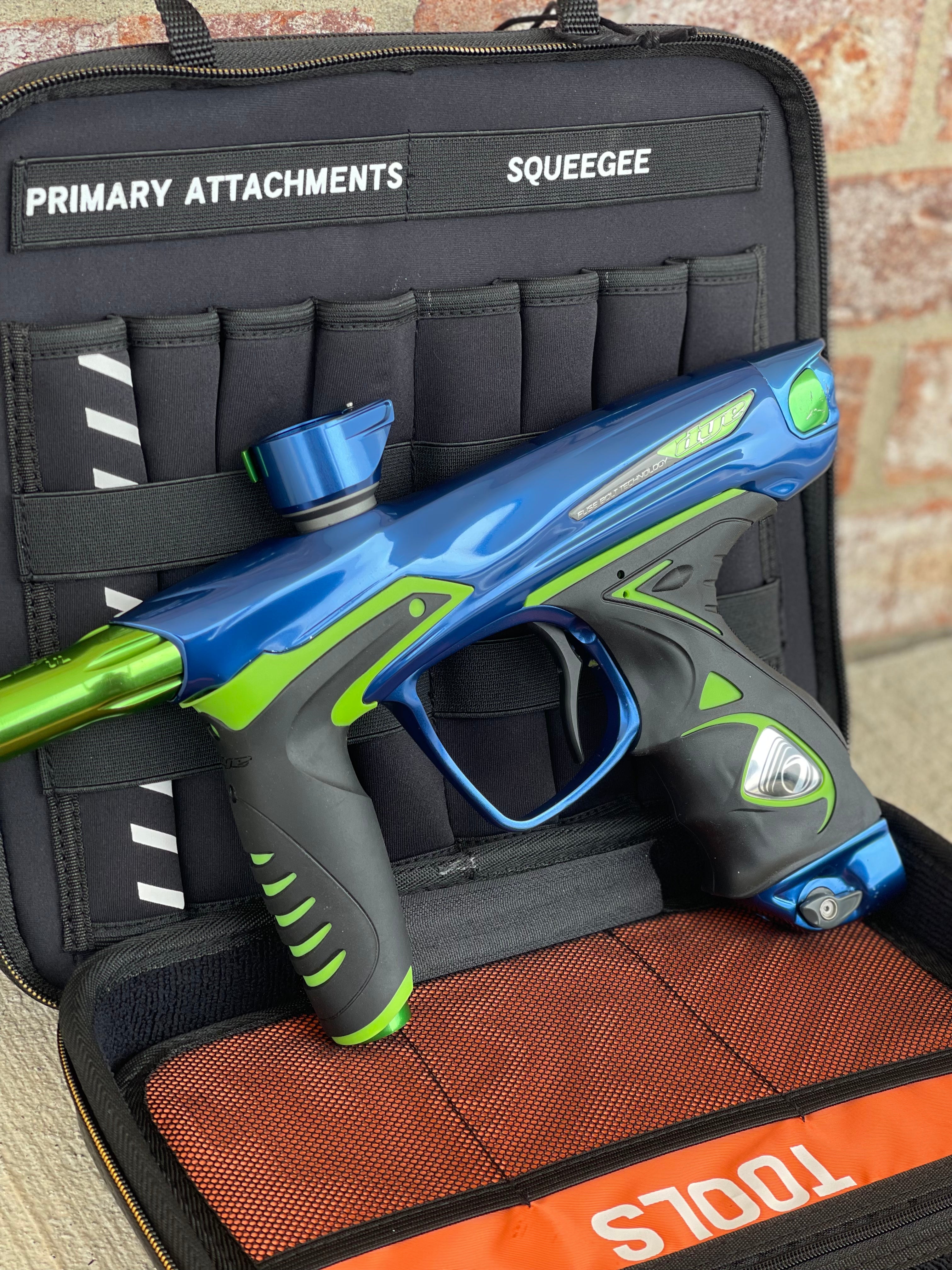 Used Dye DM14 Paintball Marker - Blue/Lime with New Lime Grips and Freak Bored UL Back