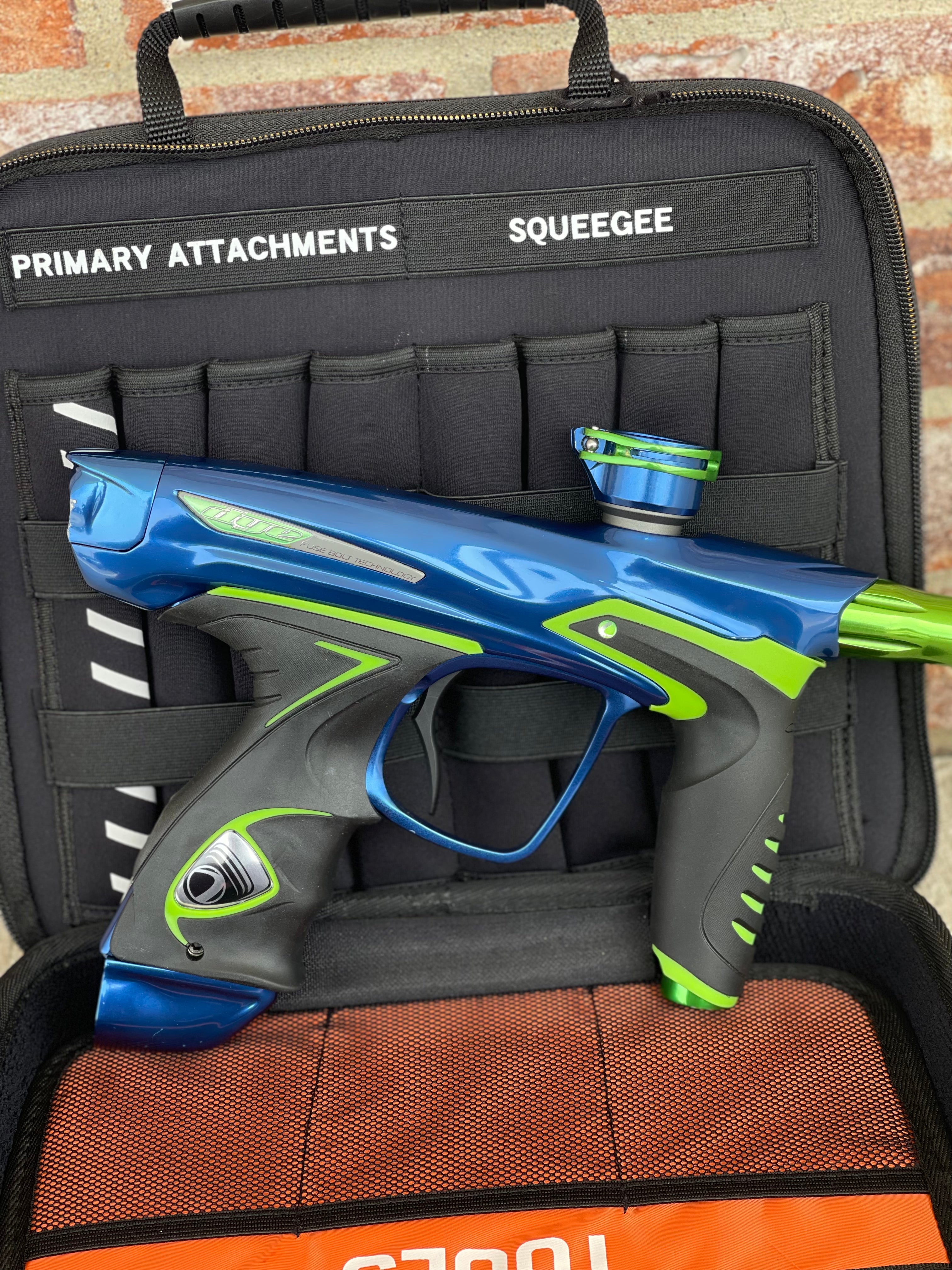 Used Dye DM14 Paintball Marker - Blue/Lime with New Lime Grips and Freak Bored UL Back