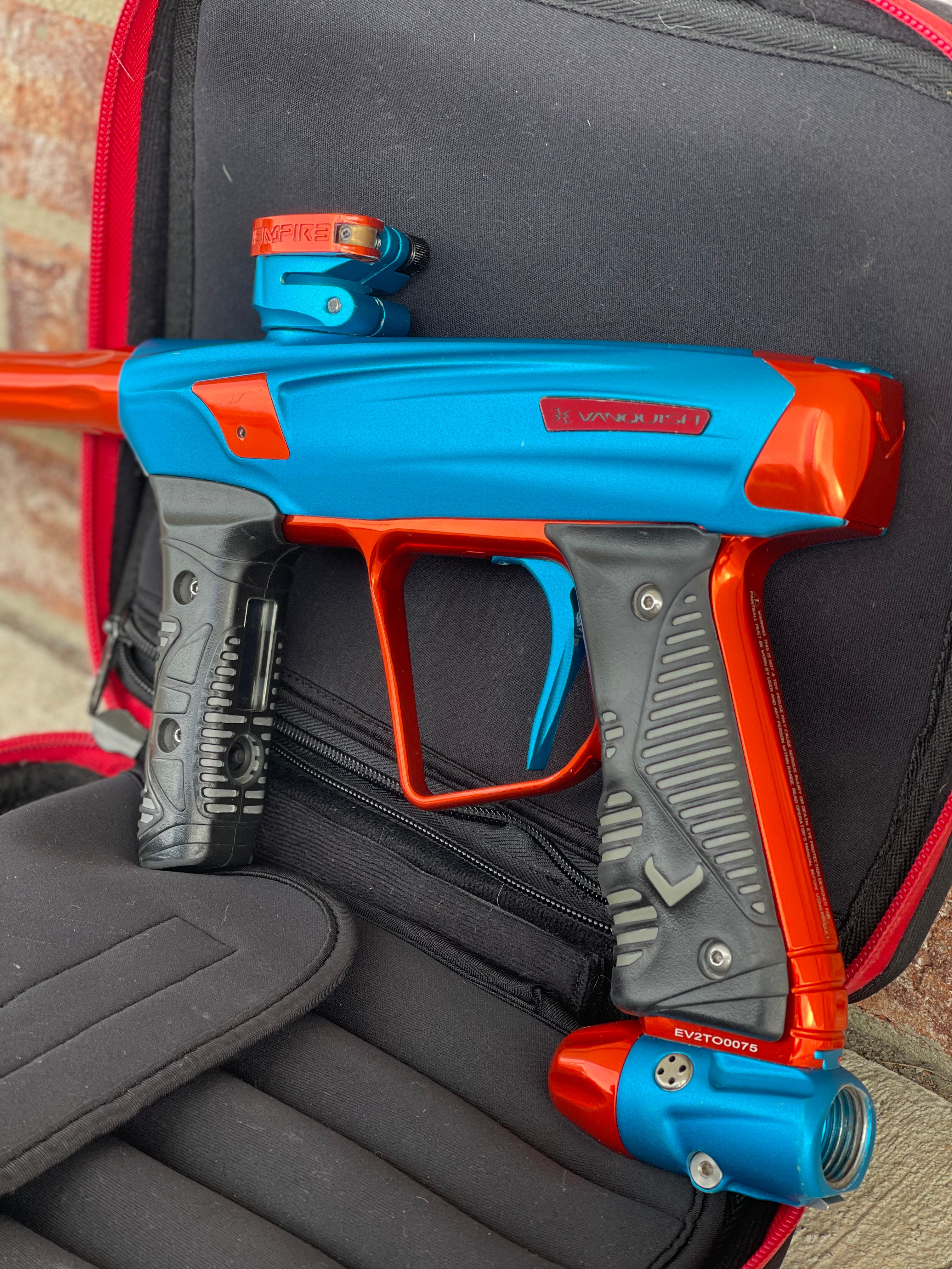 Used Empire Vanquish GT Paintball Maker - Blue/Orange w/ Full Barrel Kit