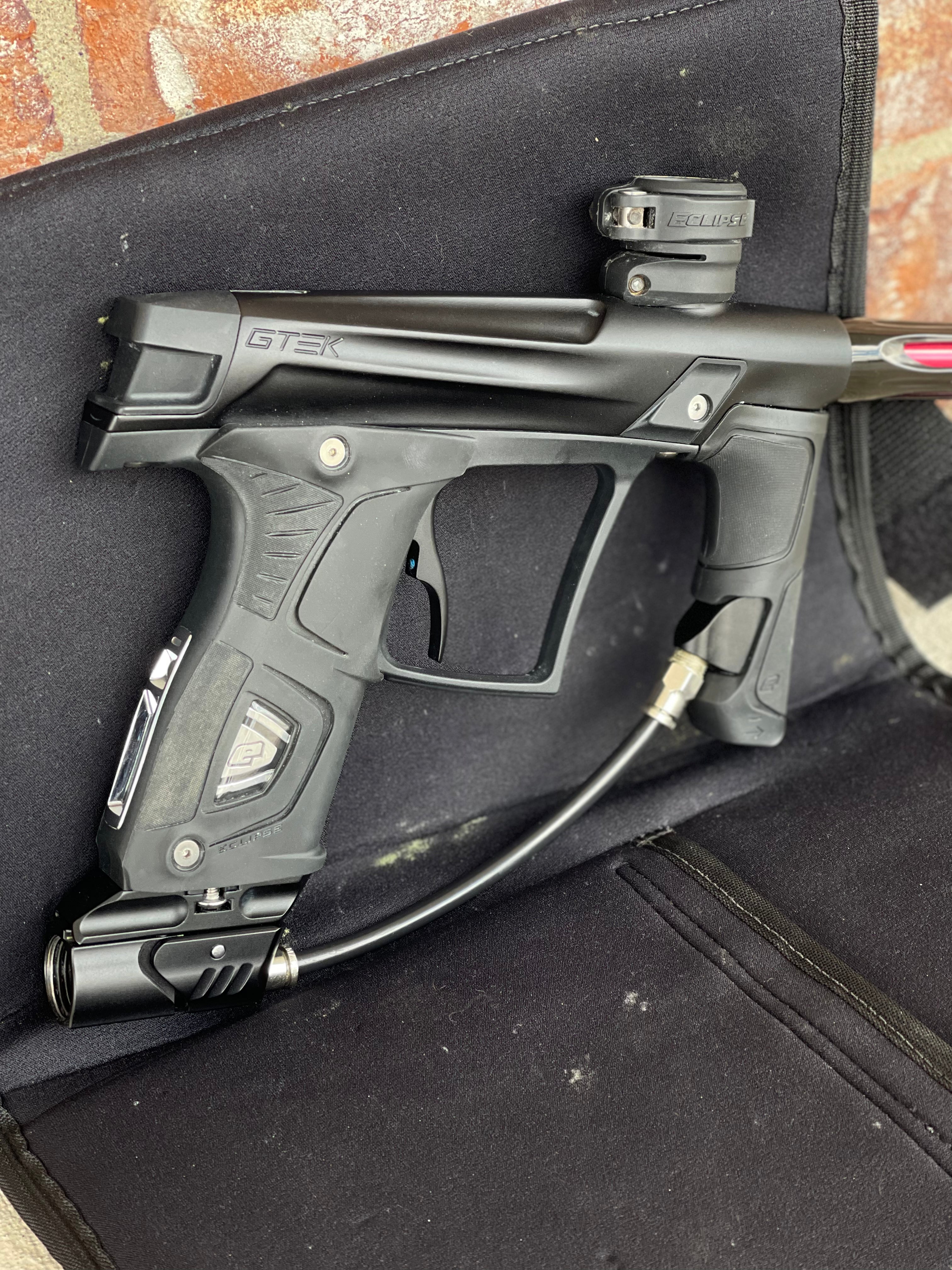 Used Planet Eclipse Gtek OLED Paintball Marker- Black with Gmek Frame, Deadlywinds 14" Carbon Fiber Tip, POPS ASA w/Dropdown Rail