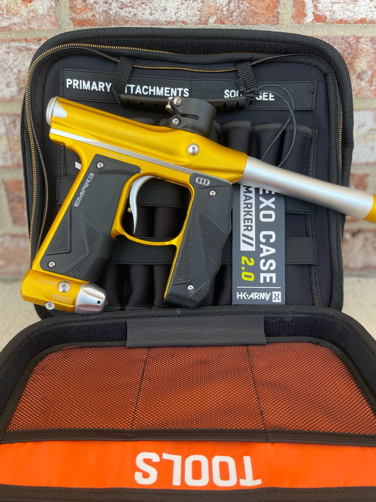 Used Empire Mini GS Paintball Gun w/ 2 Piece Barrel - Dust Gold / Silver w/ HK Army Exo 2.0 Marker Case