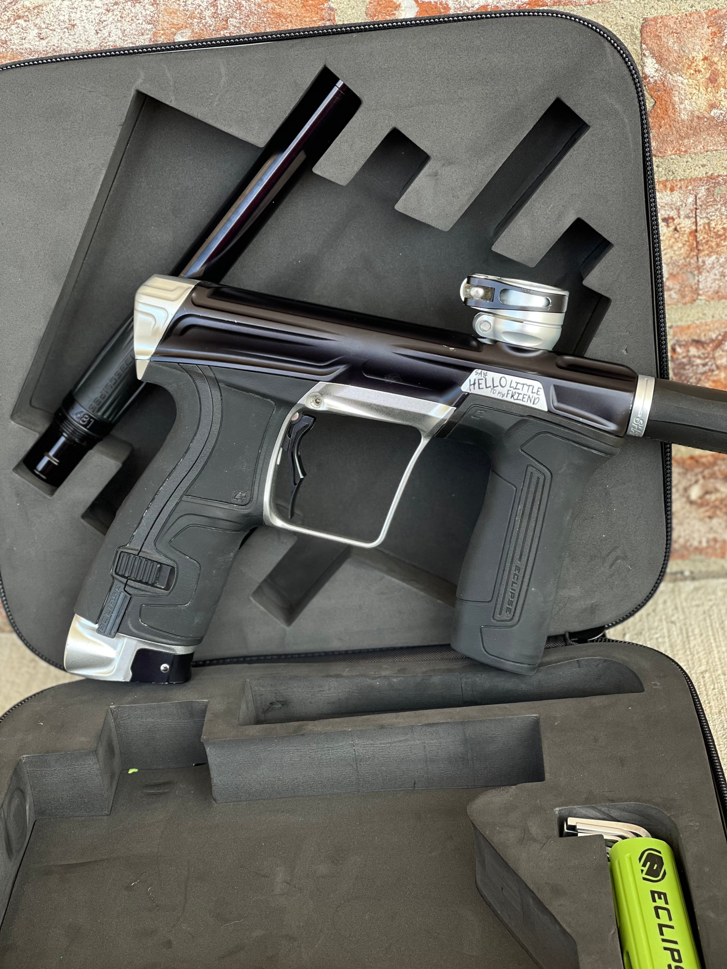 Used Planet Eclipse CS2 Paintball Gun - Black/Silver "Say Hello To My Little Friend" w/Silencio FL Tip