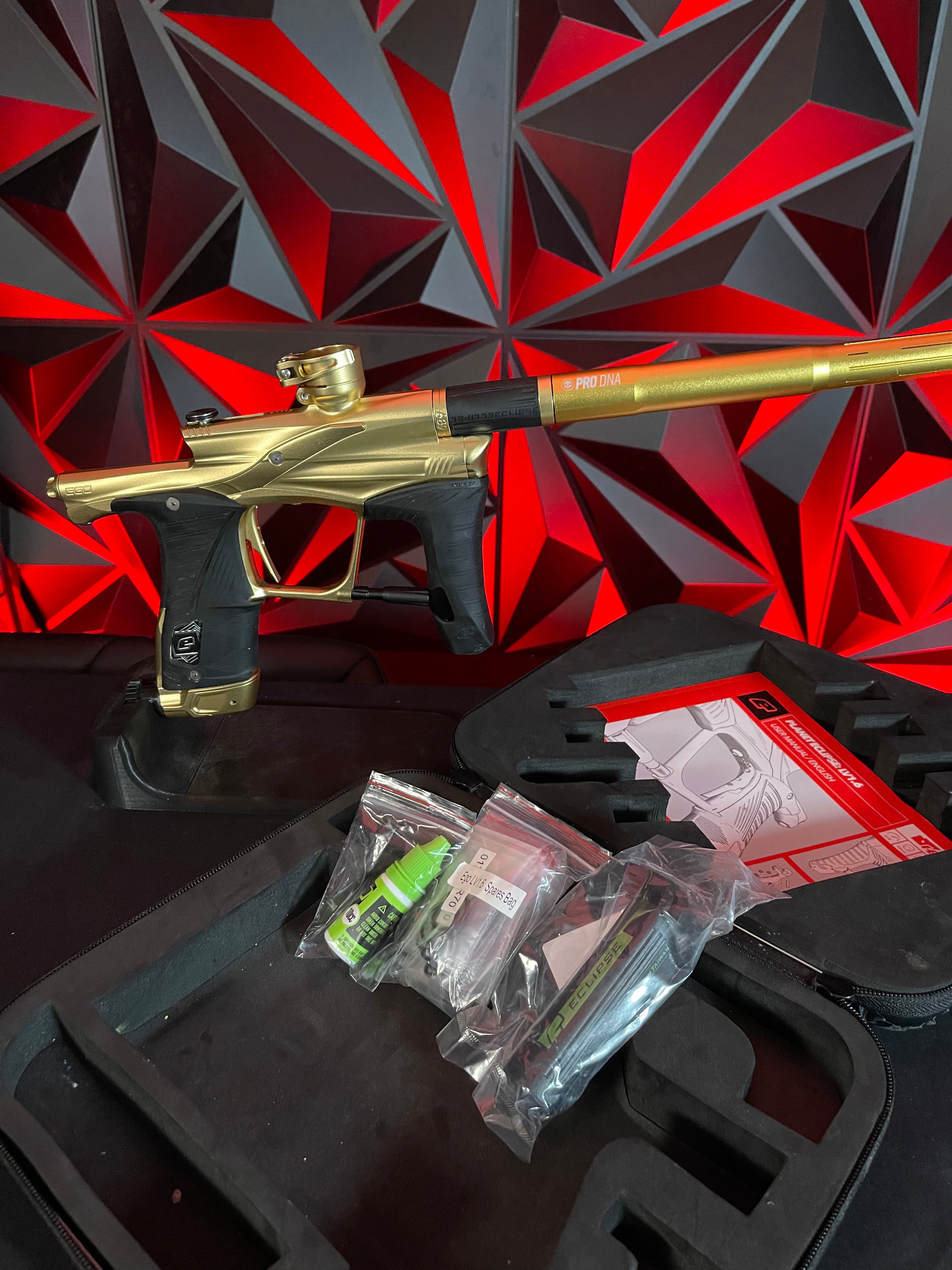 Used Planet Eclipse Lv1.6 Paintball Gun - Gold / Gold w/ Infamous FL Tip