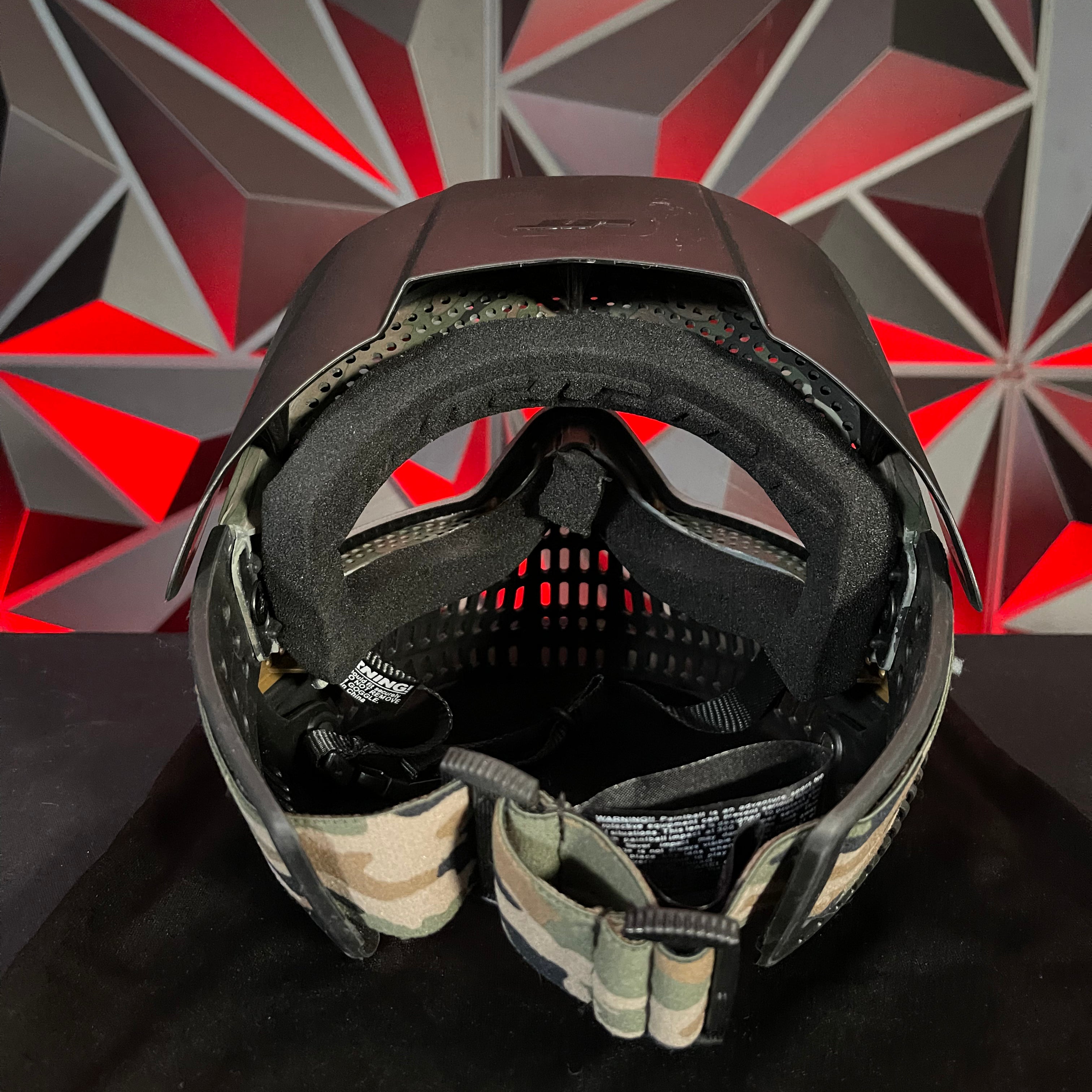 Used JT Proflex Paintball Mask - Black/Tan Camo Skirt/Army Camo Frame w/Visor & Soft Goggle Bag