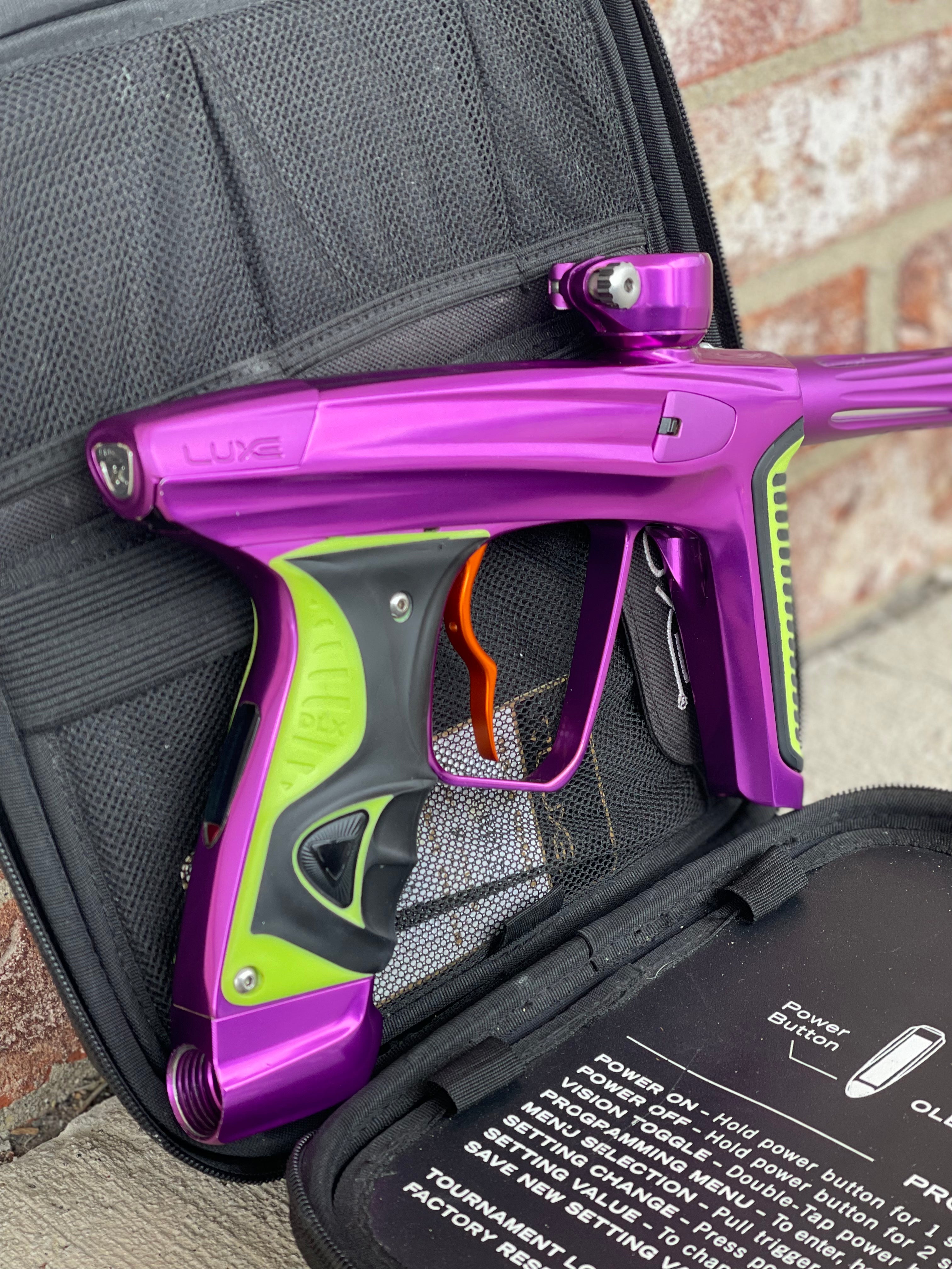 Used DLX Luxe X Paintball Gun - Gloss Purple / Dust Purple w/ Orange Deuce Trigger