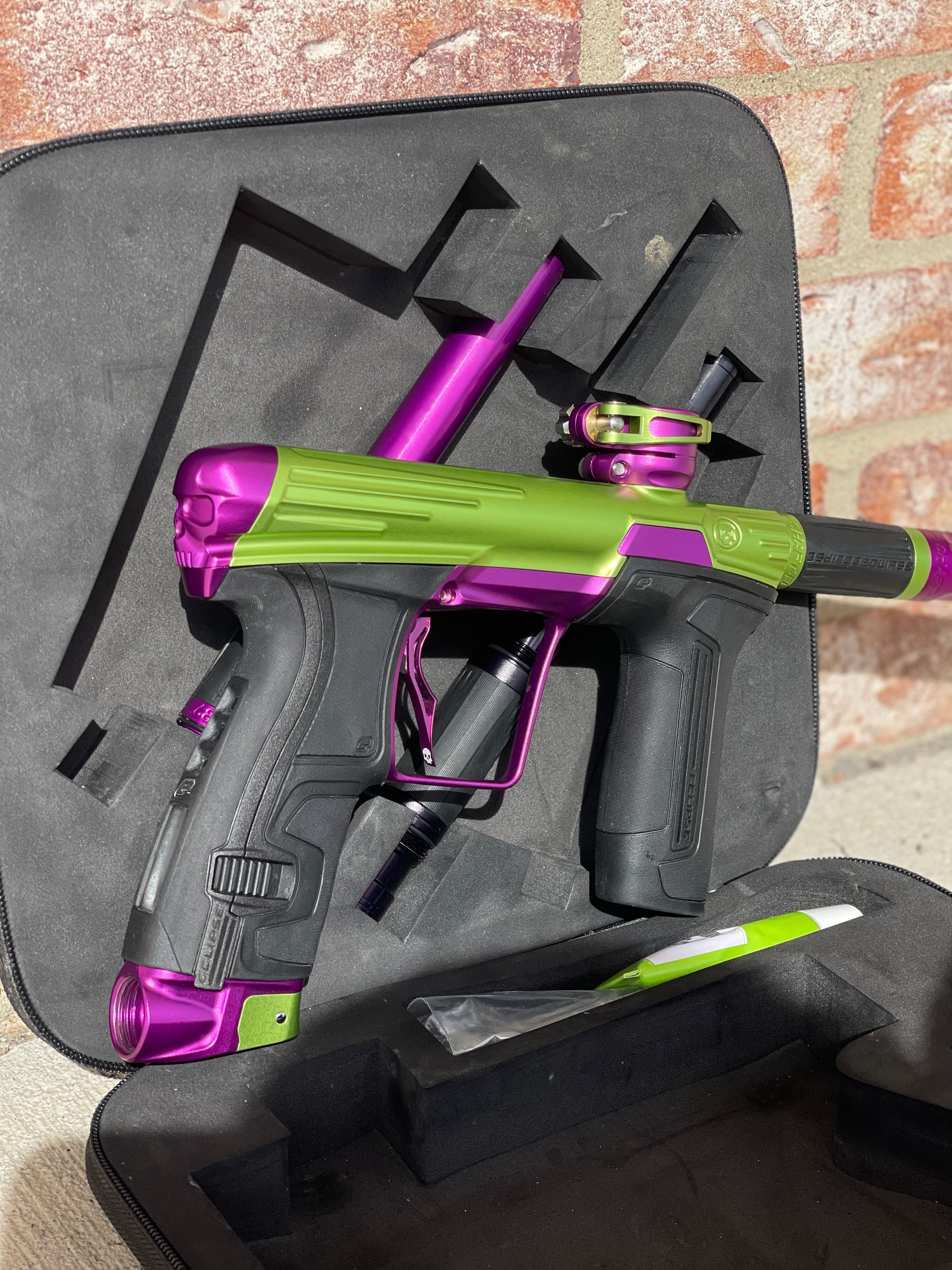 Used Infamous / Planet Eclipse CS2 Paintball Gun - Dust Green / Dust Purple w/ Infamous Deuce Trigger