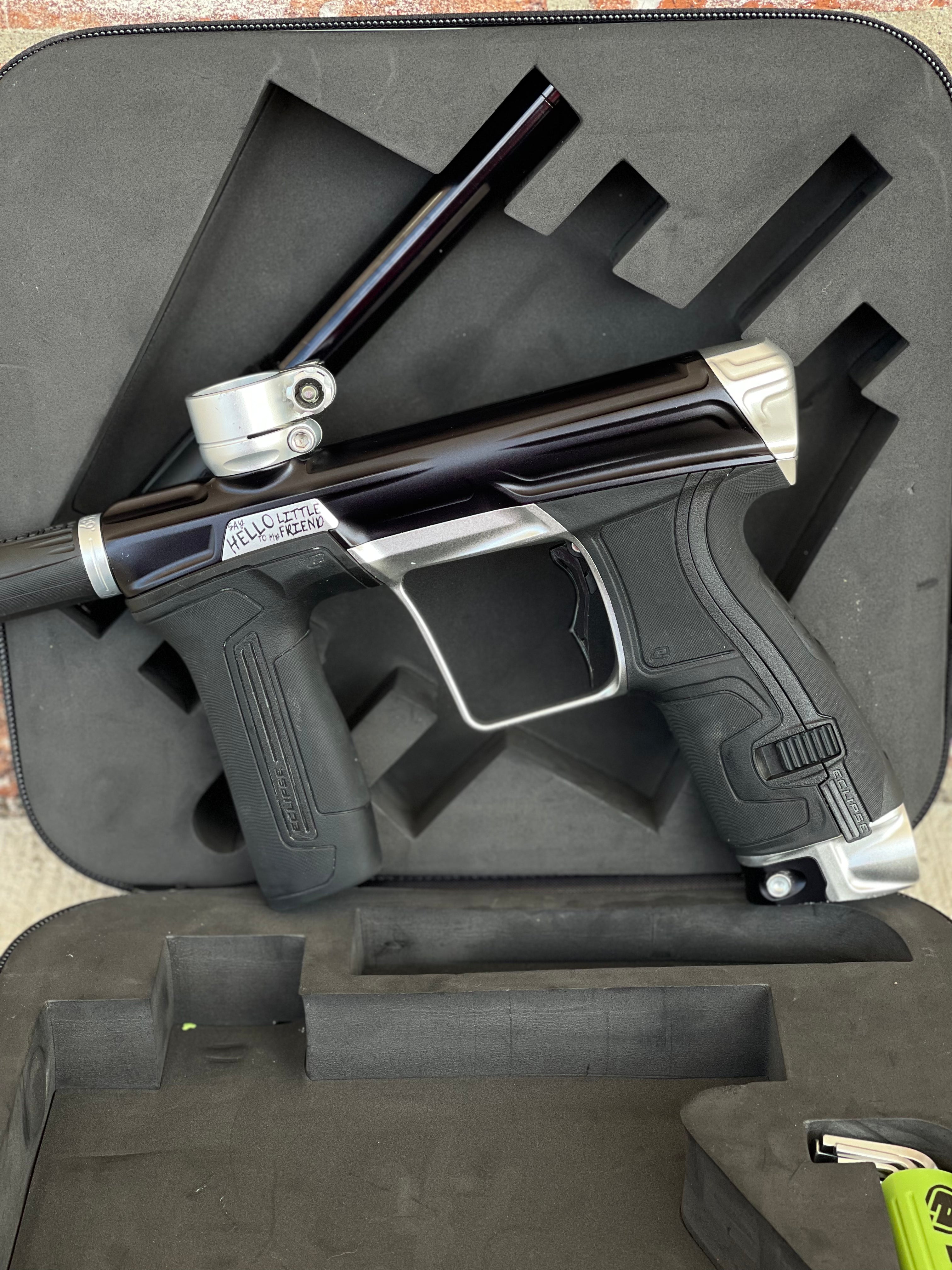 Used Planet Eclipse CS2 Paintball Gun - Black/Silver "Say Hello To My Little Friend" w/Silencio FL Tip