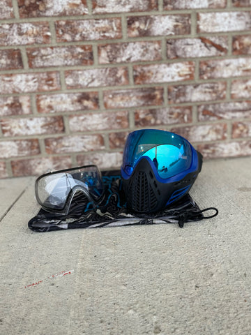 Used Virtue Vio Ascend Paintball Mask - Black/Blue w/ Soft Goggle Bag and Clear Lens