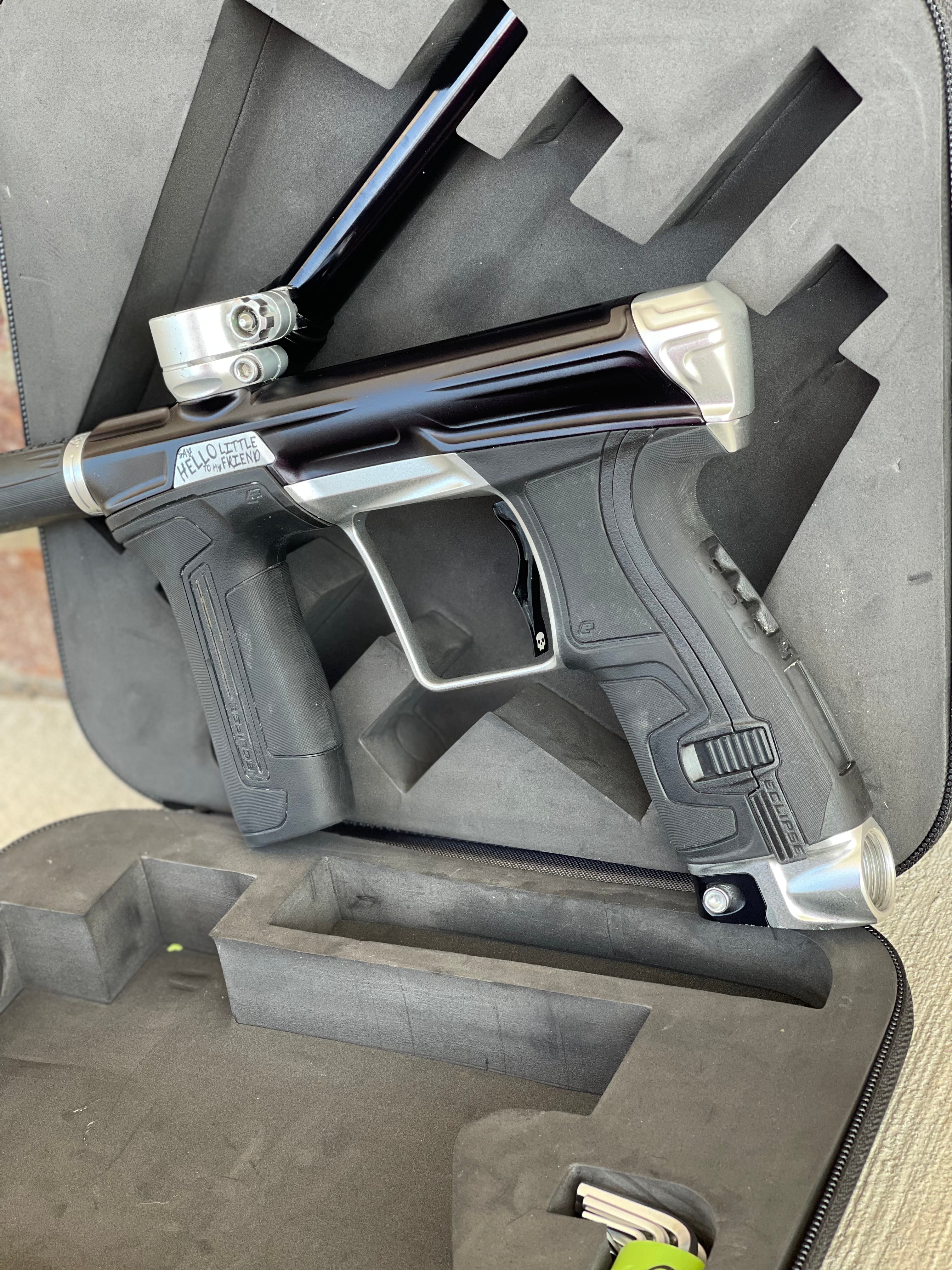 Used Planet Eclipse CS2 Paintball Gun - Black/Silver "Say Hello To My Little Friend" w/Silencio FL Tip