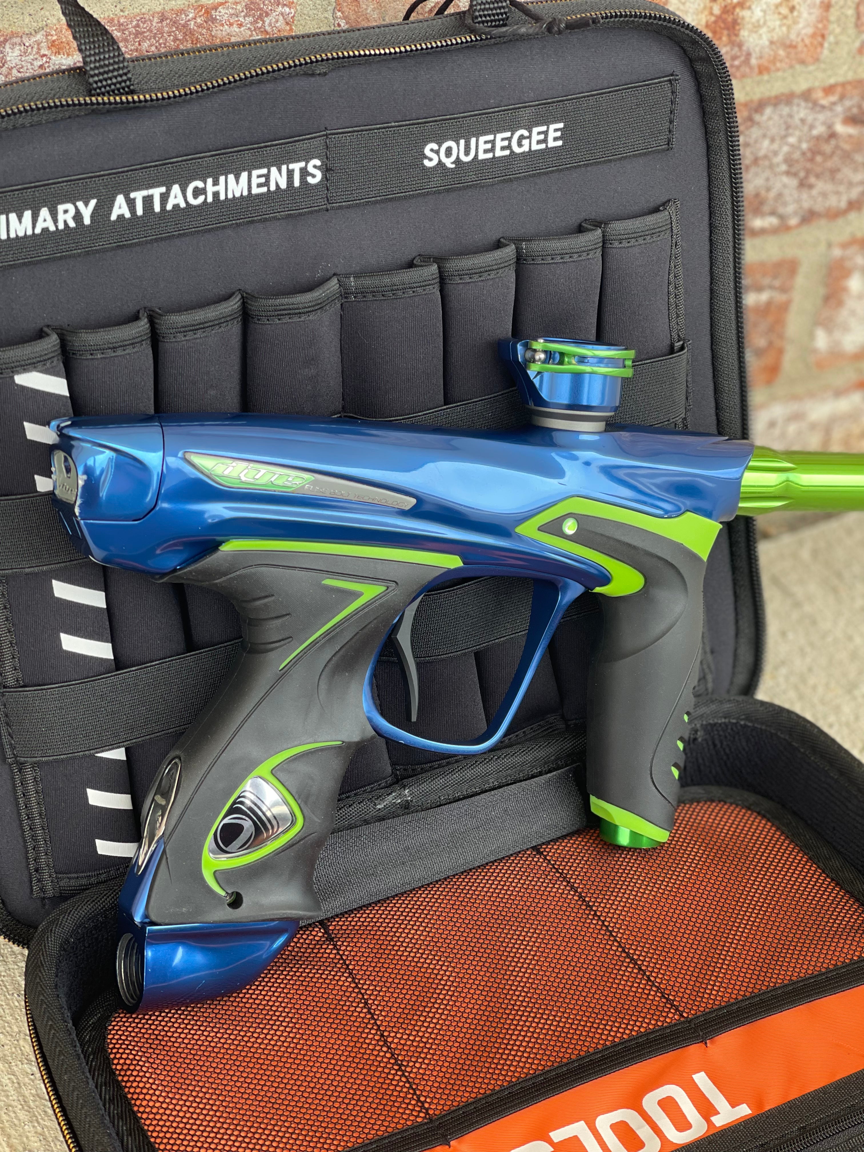 Used Dye DM14 Paintball Marker - Blue/Lime with New Lime Grips and Freak Bored UL Back