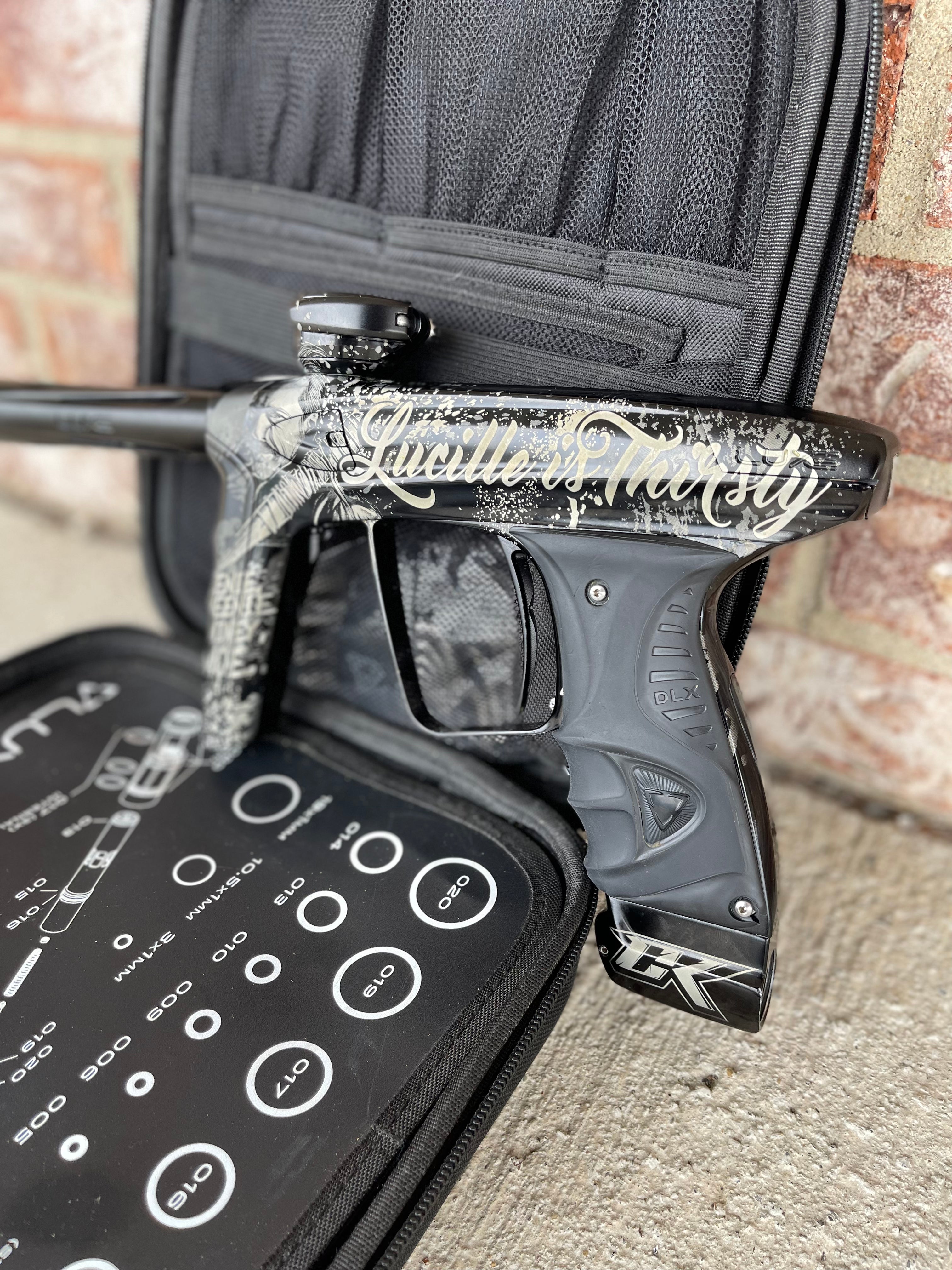 Used DLX Luxe Ice Paintball Gun - Gloss Black/Dust Black w/ CK "Lucille is Thirsty" Laser Engraving