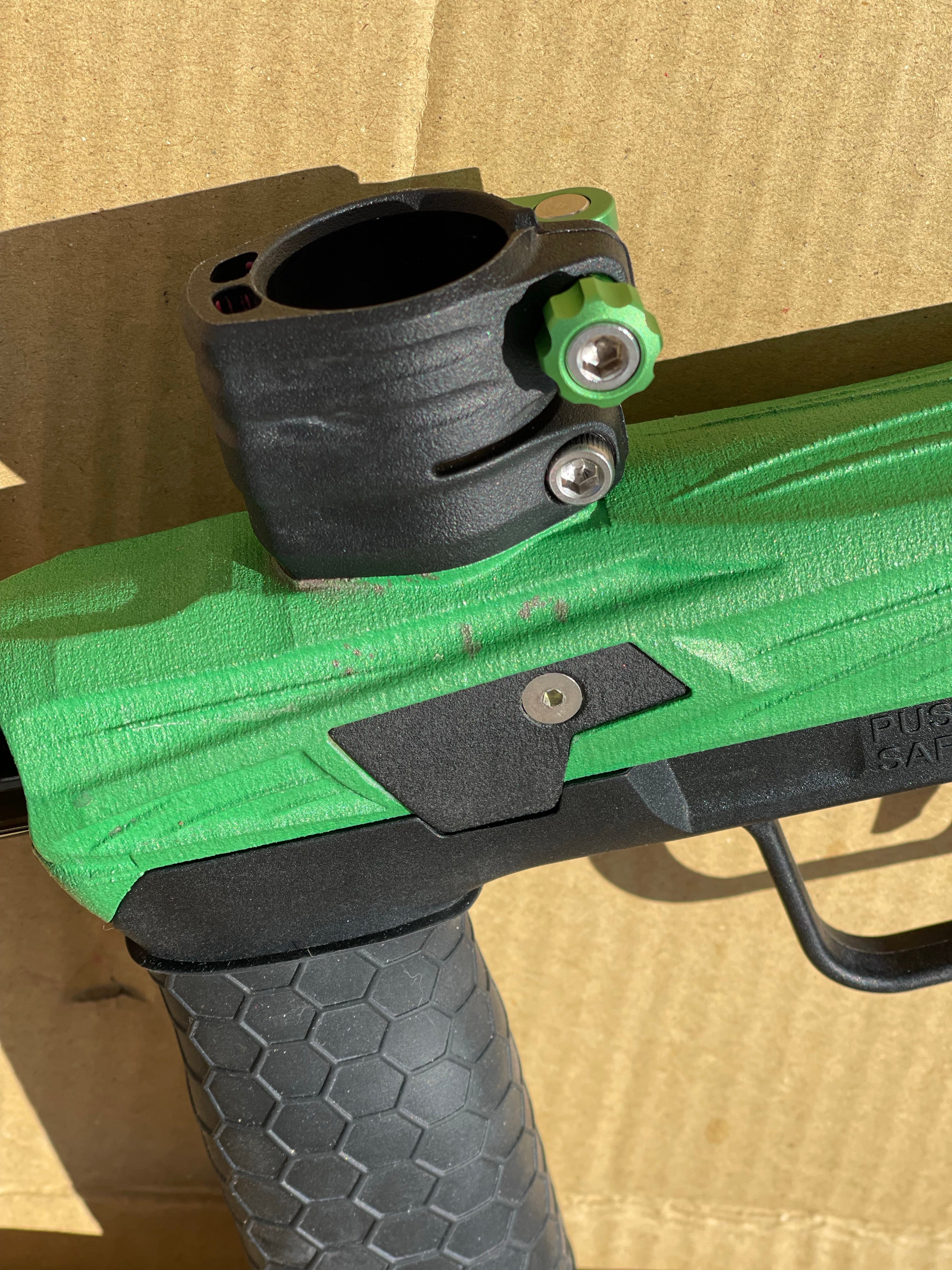 Used Planet Eclipse Emek 100 Paintball Gun - Green - Custom Body w/ Infamous Murder Trigger w/ Freak XL Barrel Kit, Hair 45 Trigger Valve, POPS ASA, Exalt Back Cap, Exalt Feedneck Lever, Rubber Front Grip Sleeve