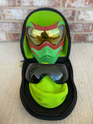 Used V-Force Grill Paintball Mask - Cowabunganga Series - Green/Red w/ 2 lenses & Exalt Goggle Case