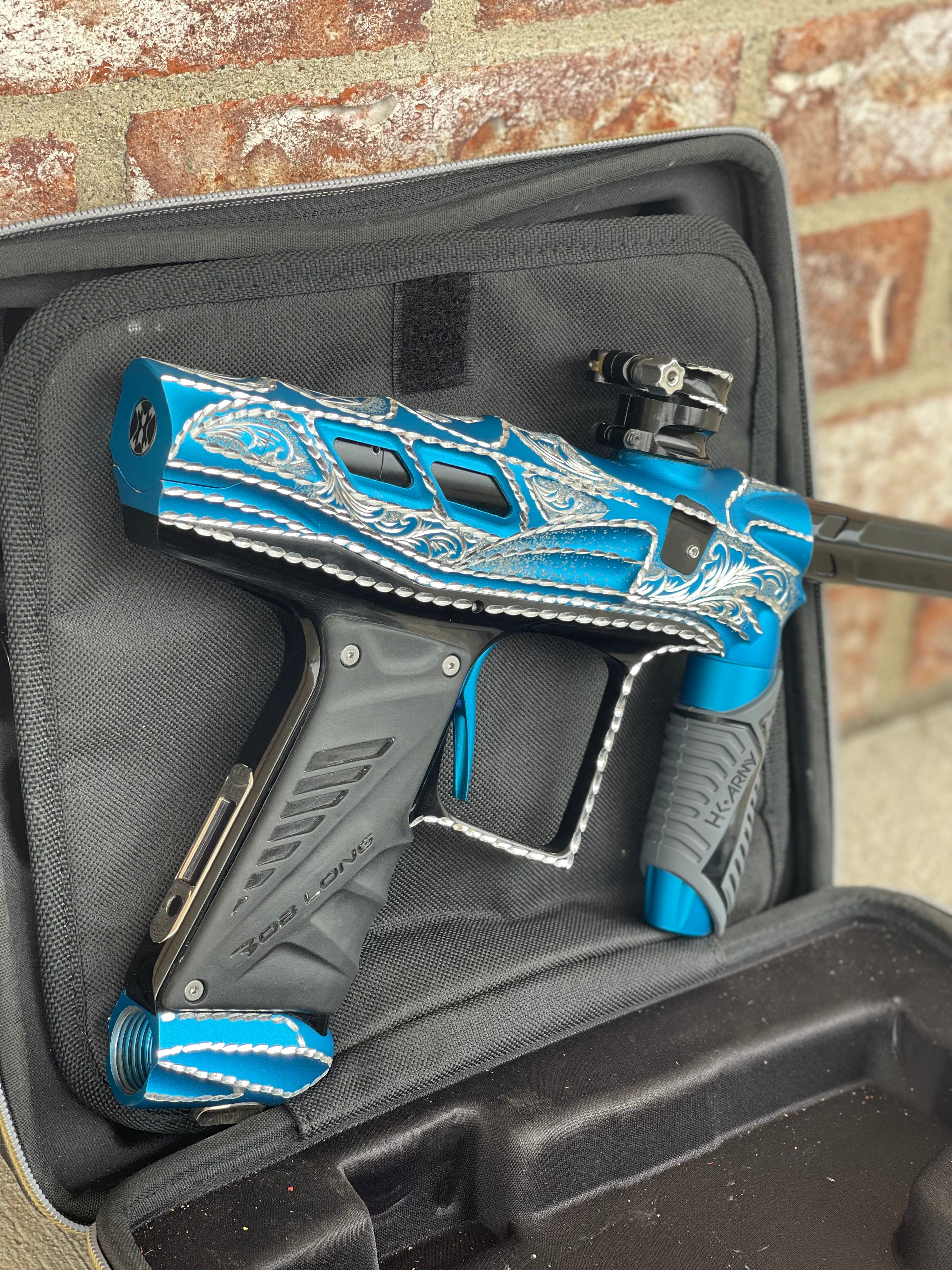 Used HK Army T-Rex VCOM Paintball Gun - Dust Blue Hand Engraved Oliver Lang Series w/ VIS Engine, Full HK Army XV Barrel Kit & Pressure Tester