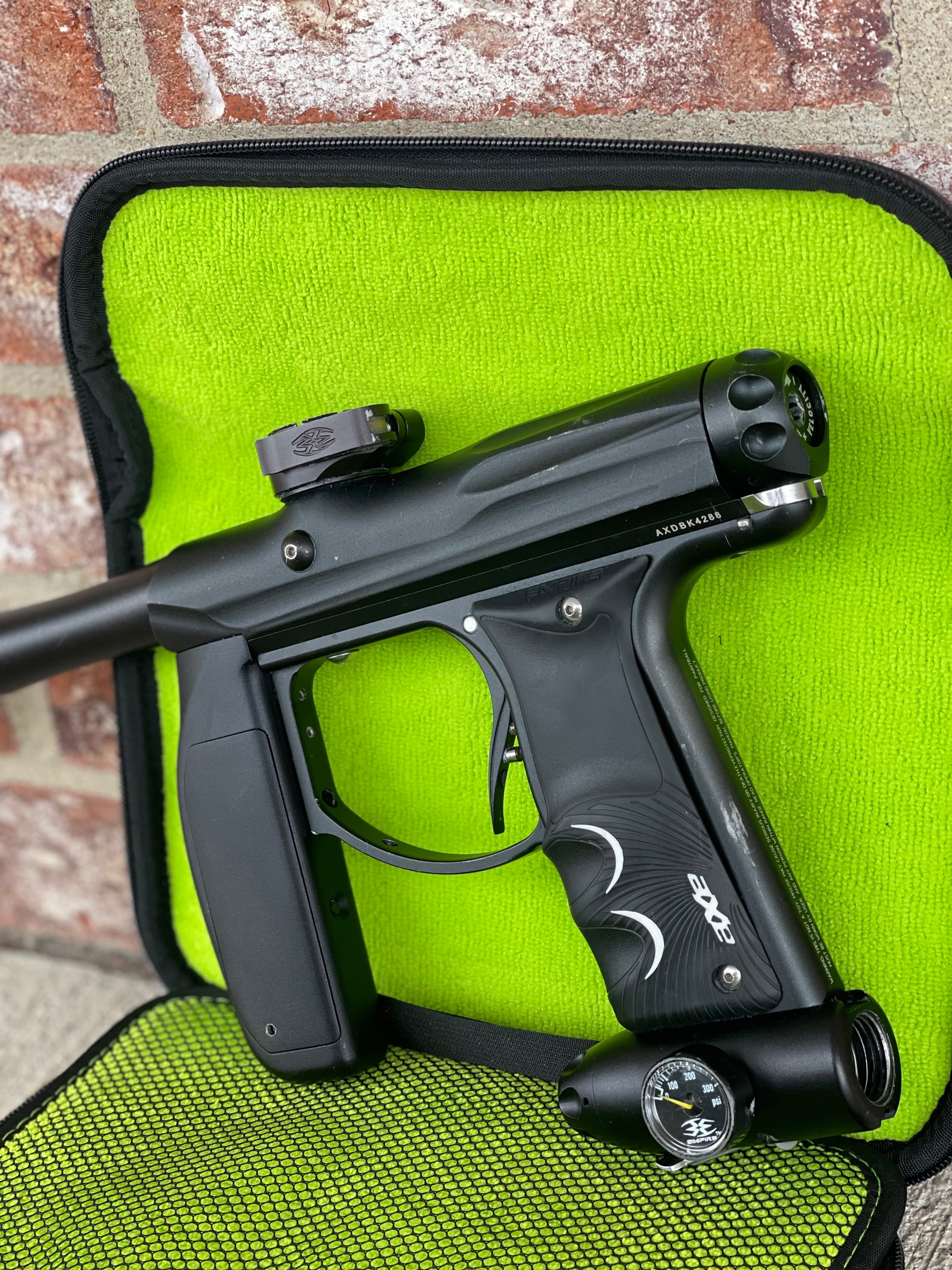 Used Empire Axe Paintball Gun - Black w/ Low rise Feedneck & Exalt Case