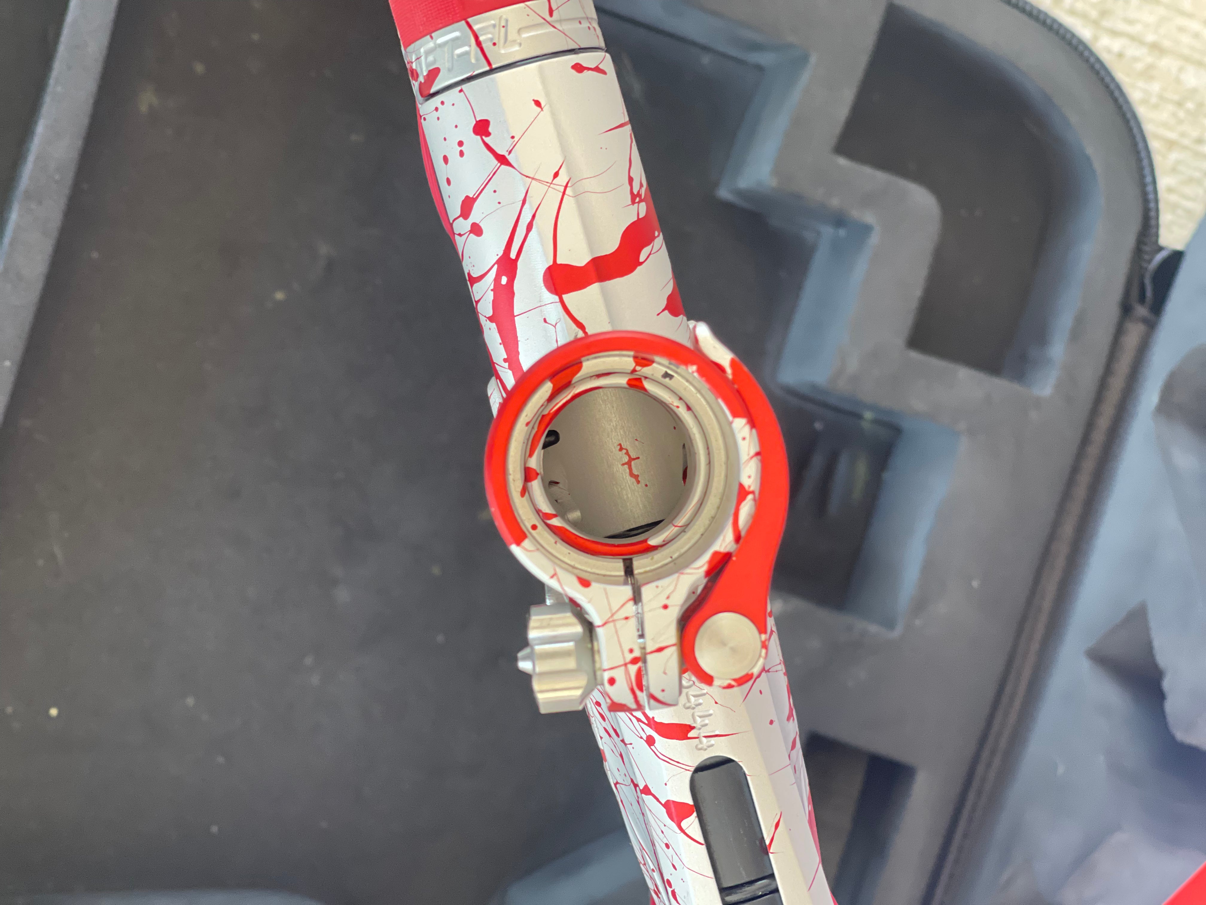 Used Planet Eclipse LV1.6 Paintball Gun - Silver / Red Splash *Custom Anno* w/ Infamous Silencio Tip